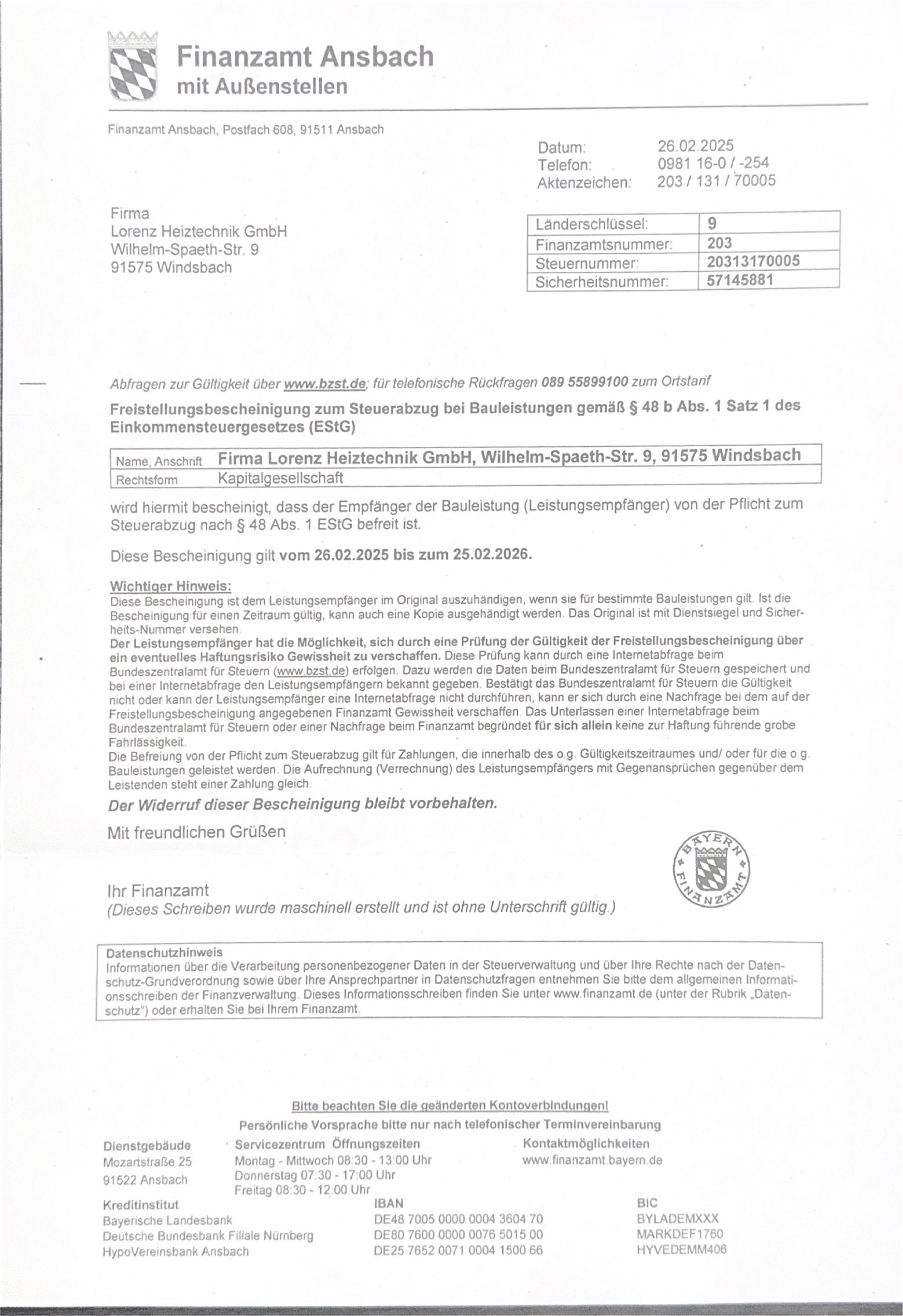 Freistellungsbescheinigung von Lorenz Heiztechnik